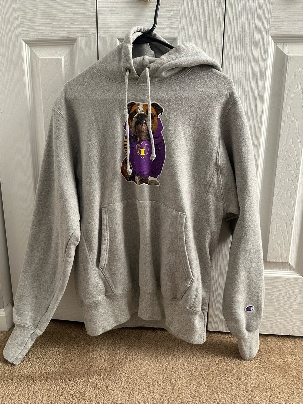 Champion Gray Pullover Hoodie with Purple Bulldog Graphic